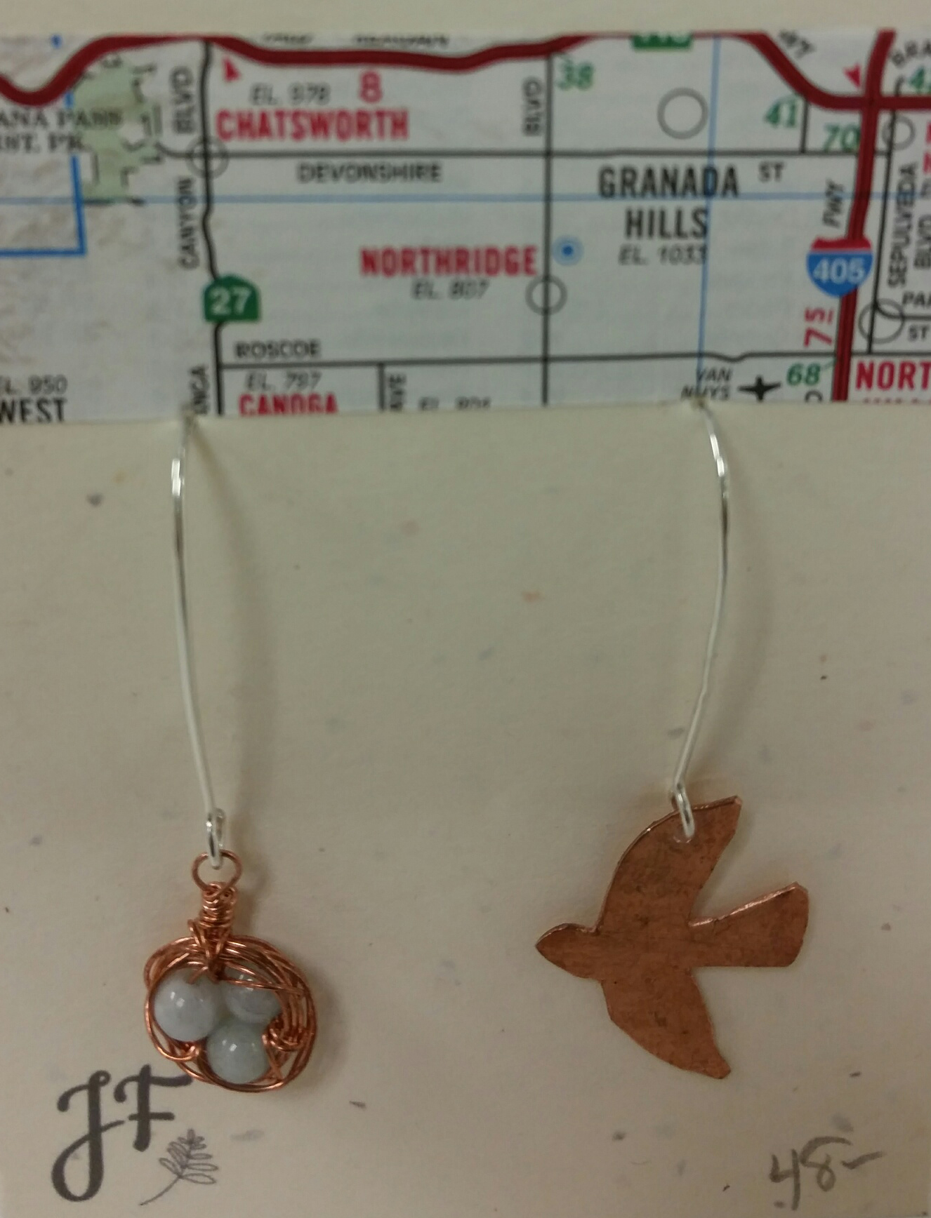 (image for) Sterling Silver Hooks with Copper Nest and Bird